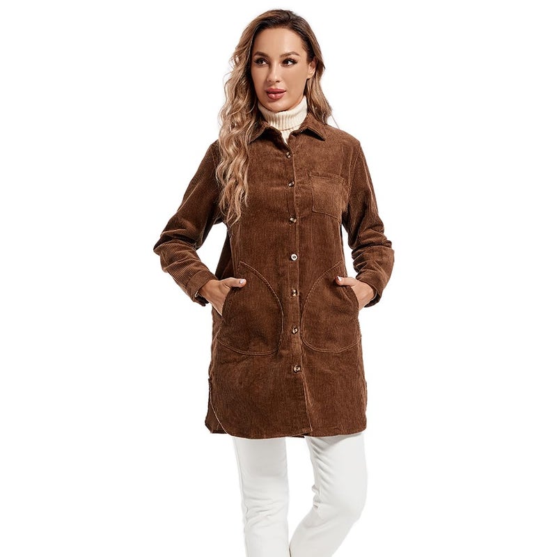 Minibee Women's Corduroy Shirt Coats Long Sleeve Button Down Blouses Tops with Pockets Coffee XL - Image 4